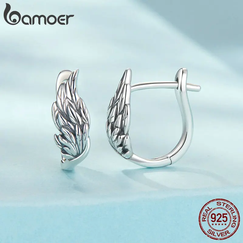 Bamoer Original 925 Sterling Light luxury Animal Design Wing Hoop Earrings Buckle Oxidized For Women Birthday Gift Fine Jewelry