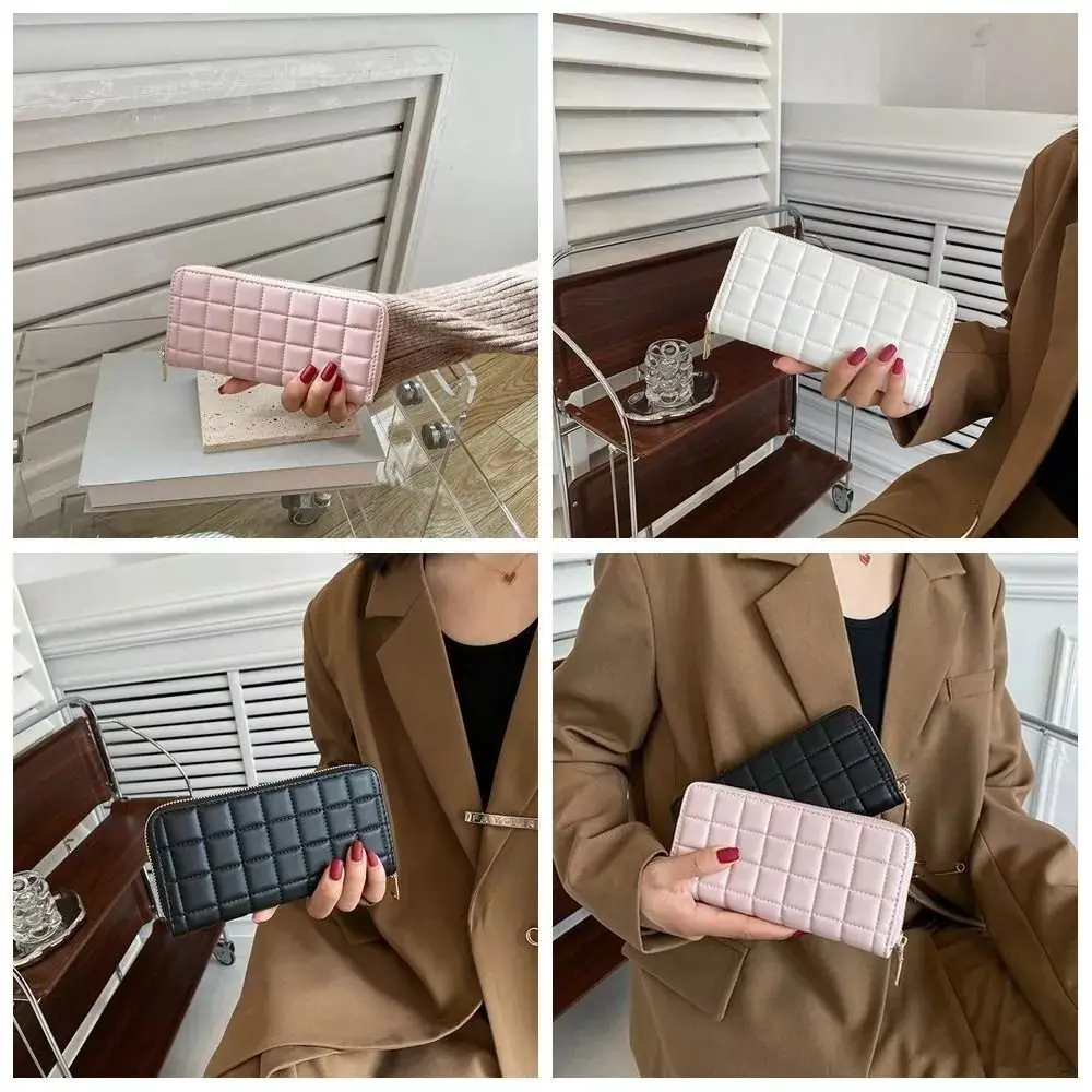 Fashion Quilted Women Long Wallet Solid Color PU Leather Card Holder Clutch Zipper Money Pocket