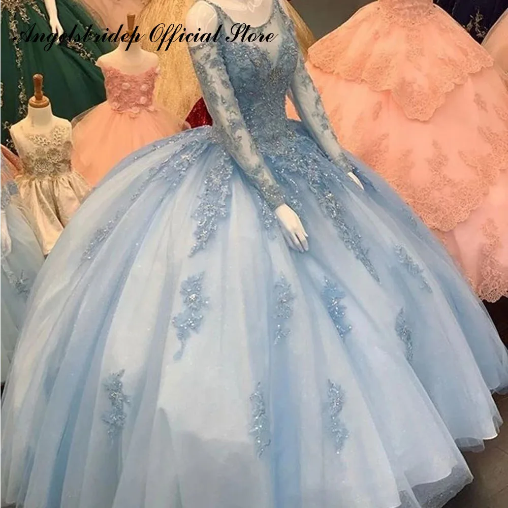 

Angelsbridep светильник-голубые тюлевые платья Quinceanera 15 вечерние сексуальные платья с вырезом-лодочкой аппликации милые 16 Золушка платья на день рождения платье