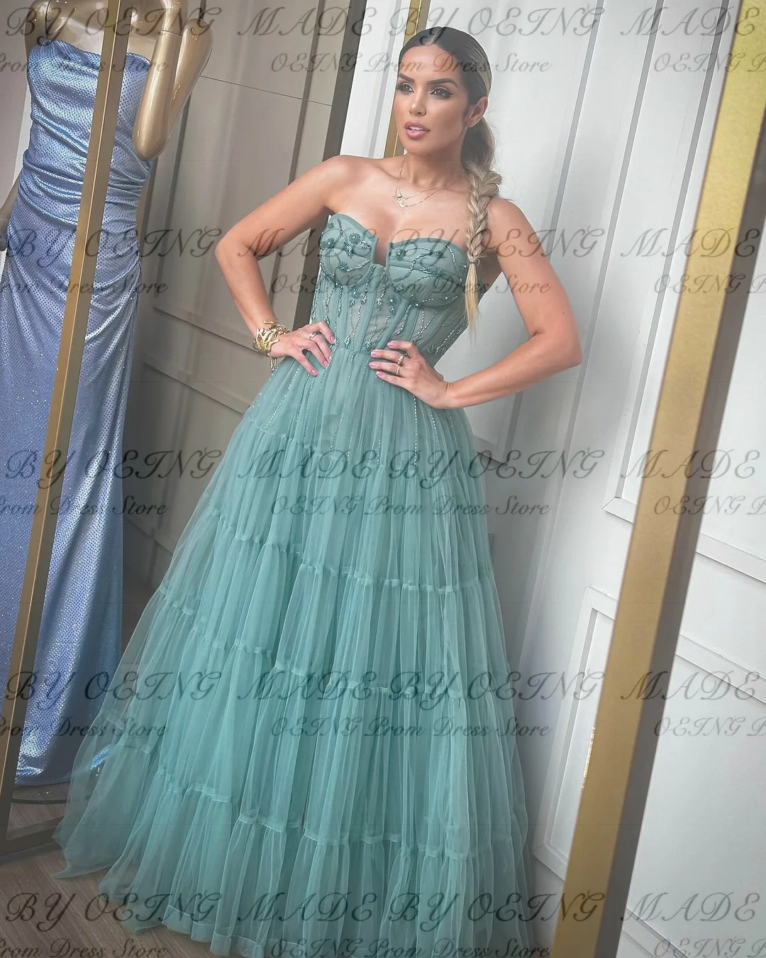 OEING Sweetheart Prom Dress Elegant Green Ruffles Pleated Evening Dresses Strapless Tulle Tiered Party Dress Vestidos De Fiesta