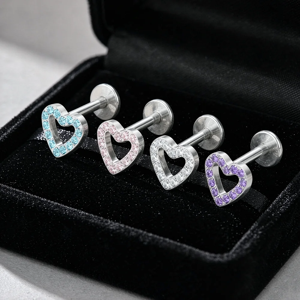 G23 Titanium Heart Shaped CZ Labret Earring Internally Threaded for Cartilage Tragus Medusa Lip Monroe - Body Jewelry Accessory