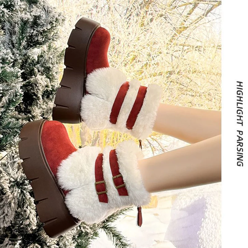 إمرأة الشتاء أحذية الثلوج في الهواء الطلق الفاخرة فروي أفخم فراء الأحذية موضة حزام السحابة الجلد المدبوغ أحذية منصة الأحذية النسائية مبطن