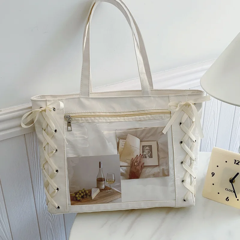 Japanese Sweet Women Ribbon Ita Bag Fashion Large Capacity Tote Bag Aesthetic Shoulder Bag Cute Lolita Girl Transparent Handbags