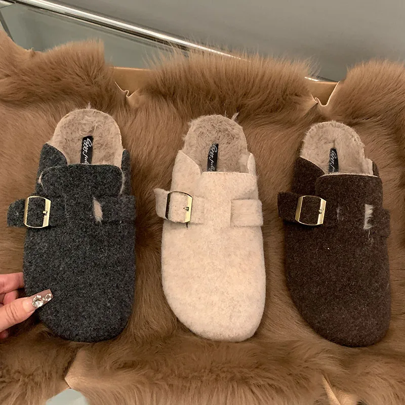 2024 Winter Women Slippers Fashion Fur Round Toe Furry Fashion Narrow Band Casual Outdoor Slipper Flat Heel Chaussures Femme New