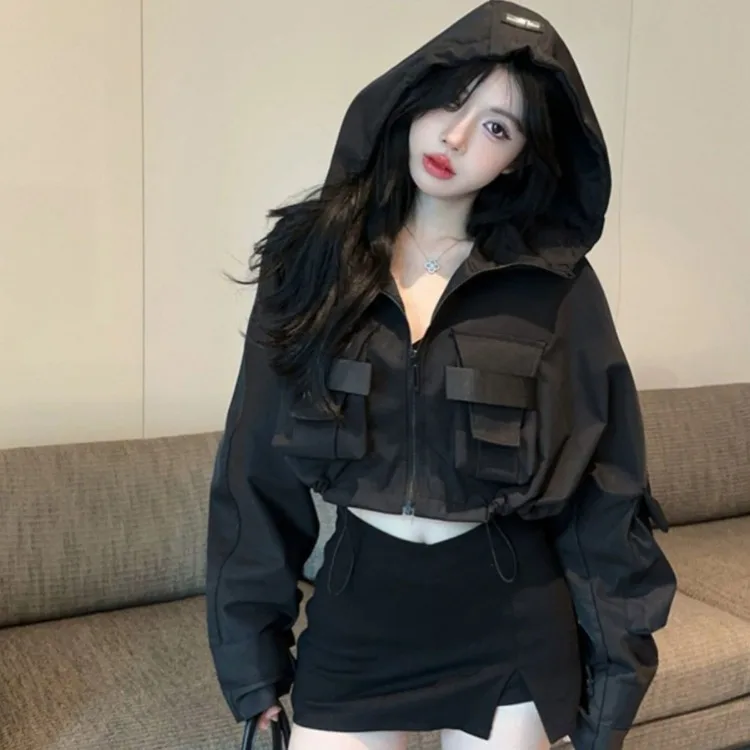 

Japan Korean Style Black Jacket for Women Autumn Street Hooded Coat 2025 Vintage Fashion New Casual Tops Mujer Short Cargo