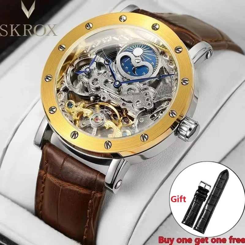 

Luxury Brands Dual Time Zone Moon Phase Automatic Movement Clock Mechanical Genuine Leather Mens Wristwatches Original Man Watch