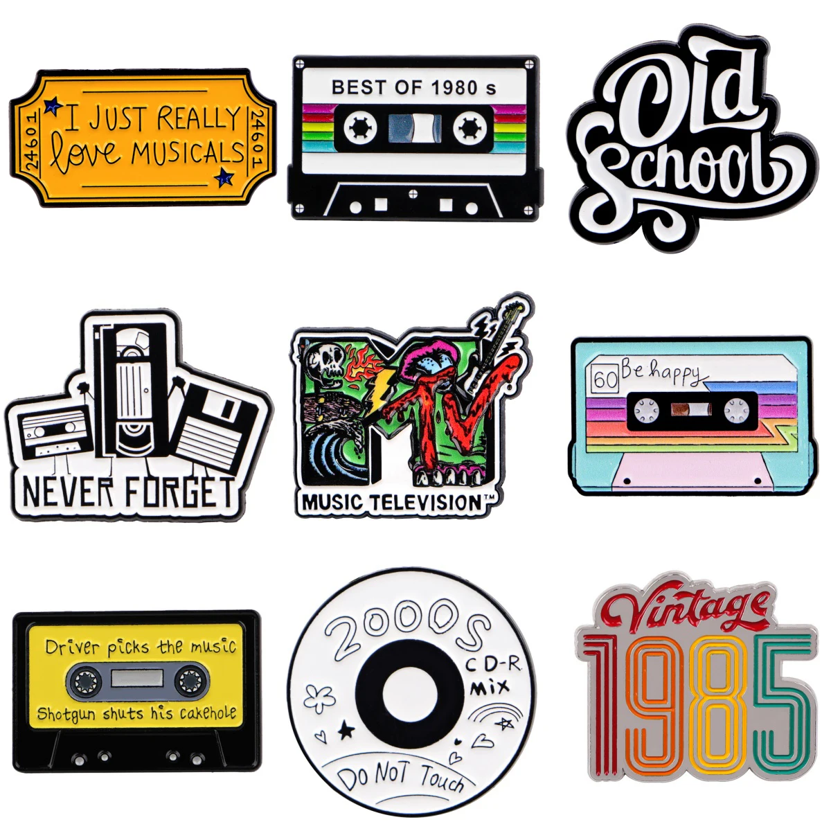 Vintage 1985 Spilla Nastro creativo Perni smaltati Musica TV Spilla per zaino Accessori di abbigliamento Distintivo in metallo Regalo di gioielli