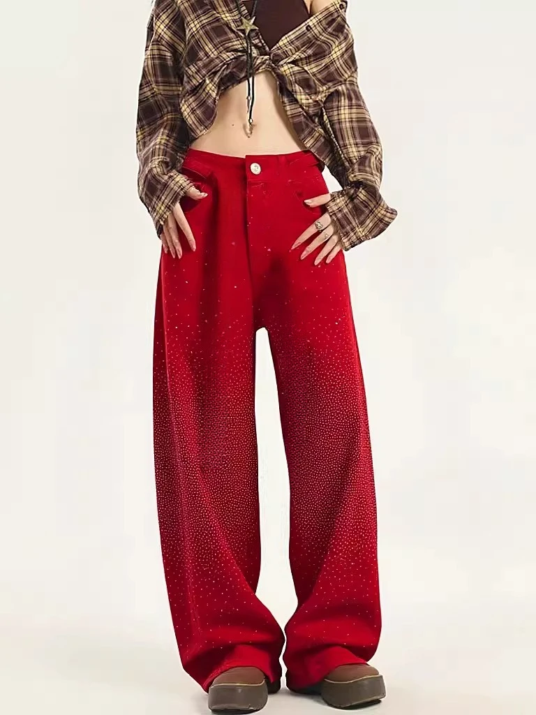 

Spring 2026 American Retro Heavy Du Rhinestone Red Knife Jeans Women Loose Slimming Floor Length Pants Casual Sle