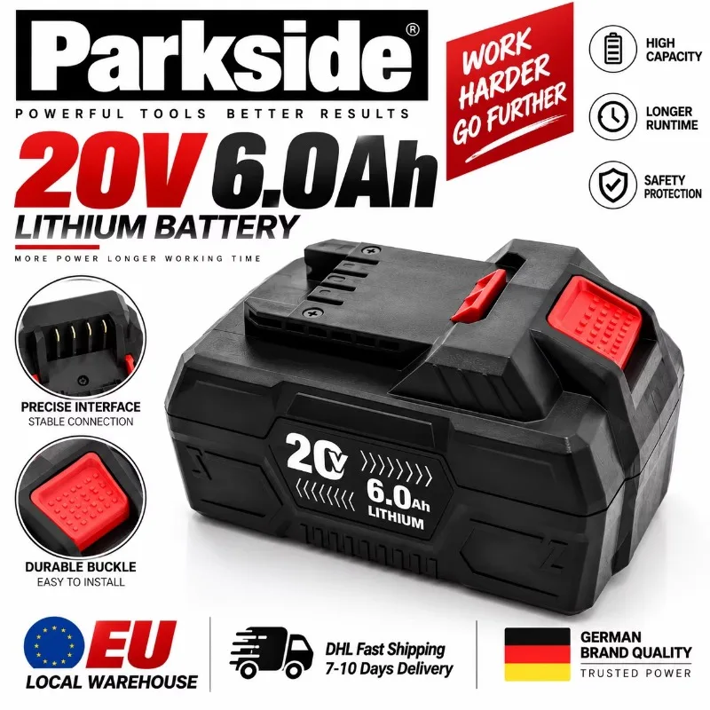 Batteria al litio ricaricabile da 6,0 Ah per Parkside 20V, con protezione da surriscaldamento e cortocircuito, per utensili senza fili Parkside.