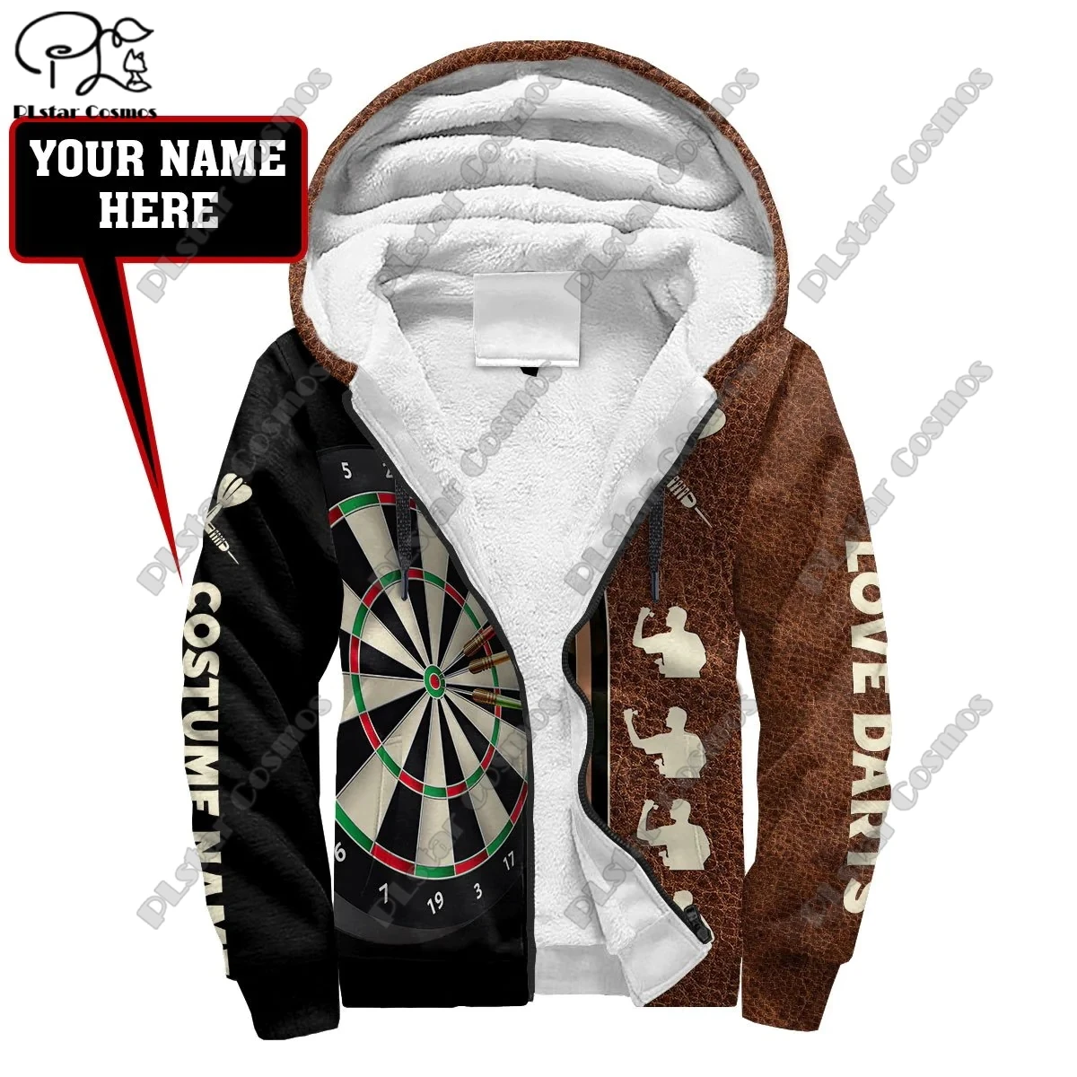 3D printed darts player personalized name fleece zipper hoodie for men women winter warm double layer fleece jacket casual coat