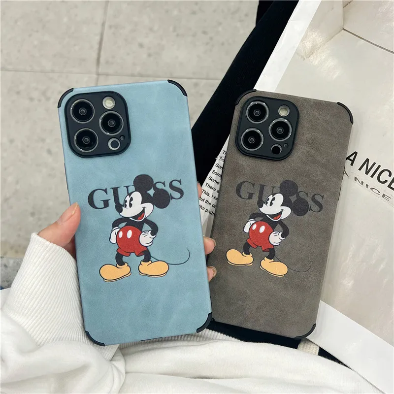 Luxury brand fur anti drop phone case for iPhone 13 12 11 14 15 16 Pro Max cartoon Mickey Minnie suede soft leather cover