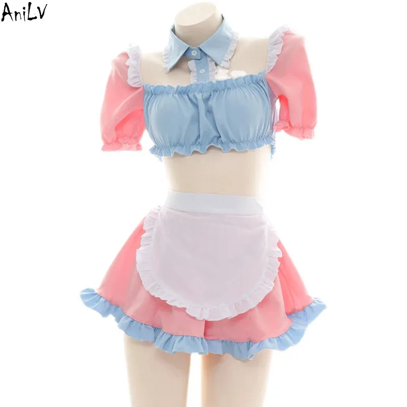 

AniLV Cute Anime Lolita Girl Pink Maid Swimsuit Costumes Japanese Coffee Bar Maid Uniform Set Cosplay