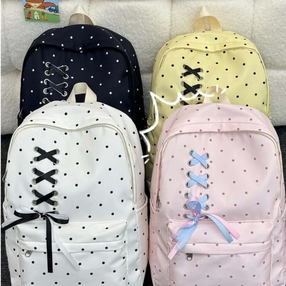 Lightweight Bow Dot Backpack Large Capacity Durable Students School Bag Polyester Scratch Prevention Nylon Backpack School