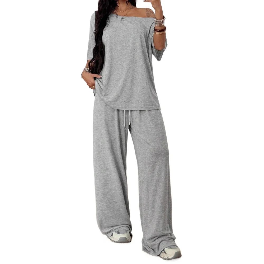 Women's Sets Two 2 Pieces Sale Casual Round Collar Short Sleeve Solid T-shirt Top&High Waist Sporty Wide Leg Pant Suits
