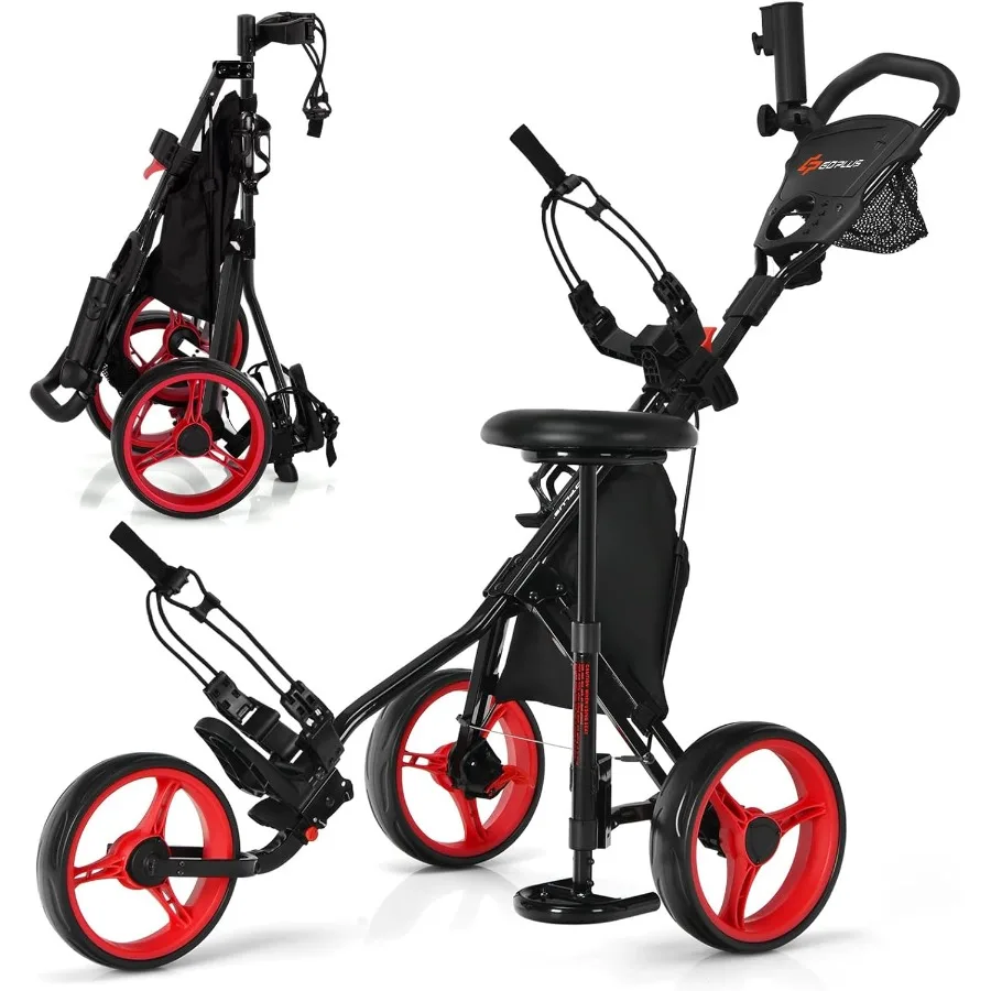 

Трехколесная легкая складная тележка для гольфа с регулируемой высотой сиденья, регулируемой ручкой, встроенным держателем для зонта и ножным тормозом.