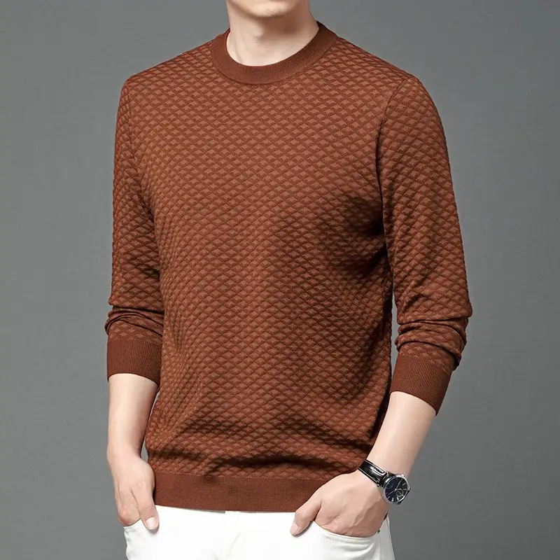 Korean Casual Fashion Simple Jacquard Round Neck Pullover Thin Woolen Sweater Men's Solid Slim Patchwork Long Sleeve Knitted Top
