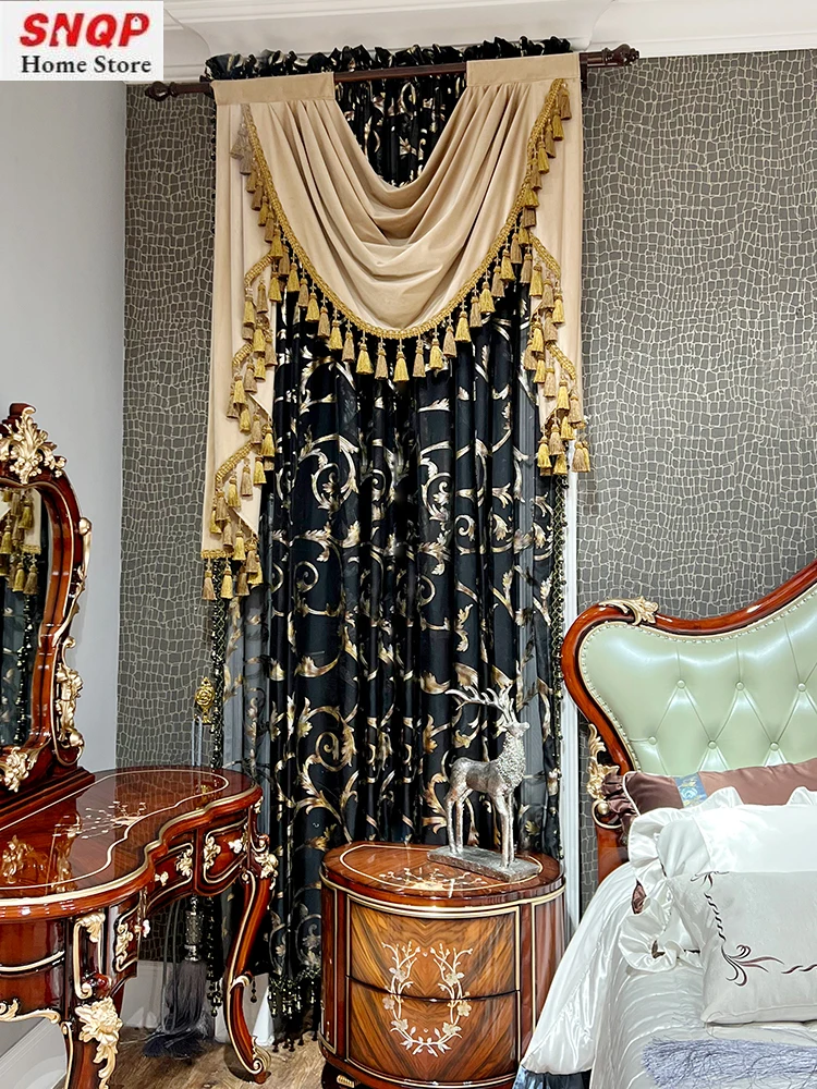 

European Luxury Black Tulle Curtains for Living Room Bedroom Dining Embroidered Blackout Elegant Sheer Golden Valance Window