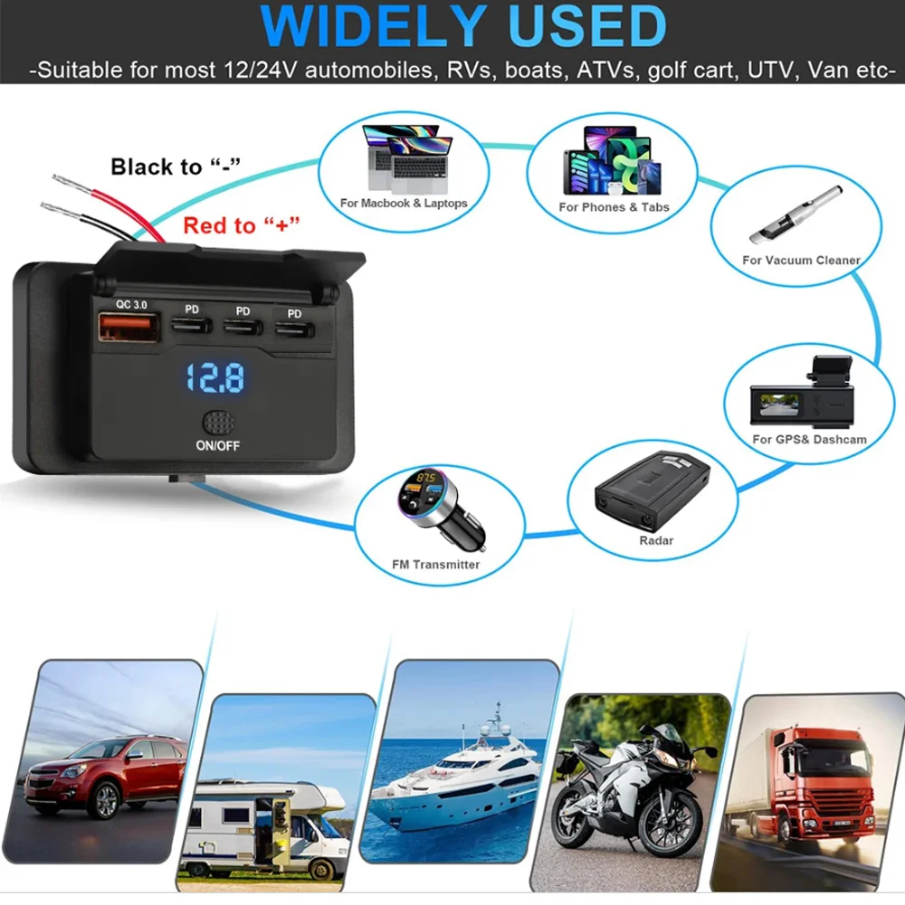 PD + QC3.0 شاحن الهاتف لوحة مقابس 12 فولت/24 فولت RV منفذ USB 4 منافذ شحن سريع المقبس مع مفتاح الجهد لسيارة حافلة RV شاحنة #5