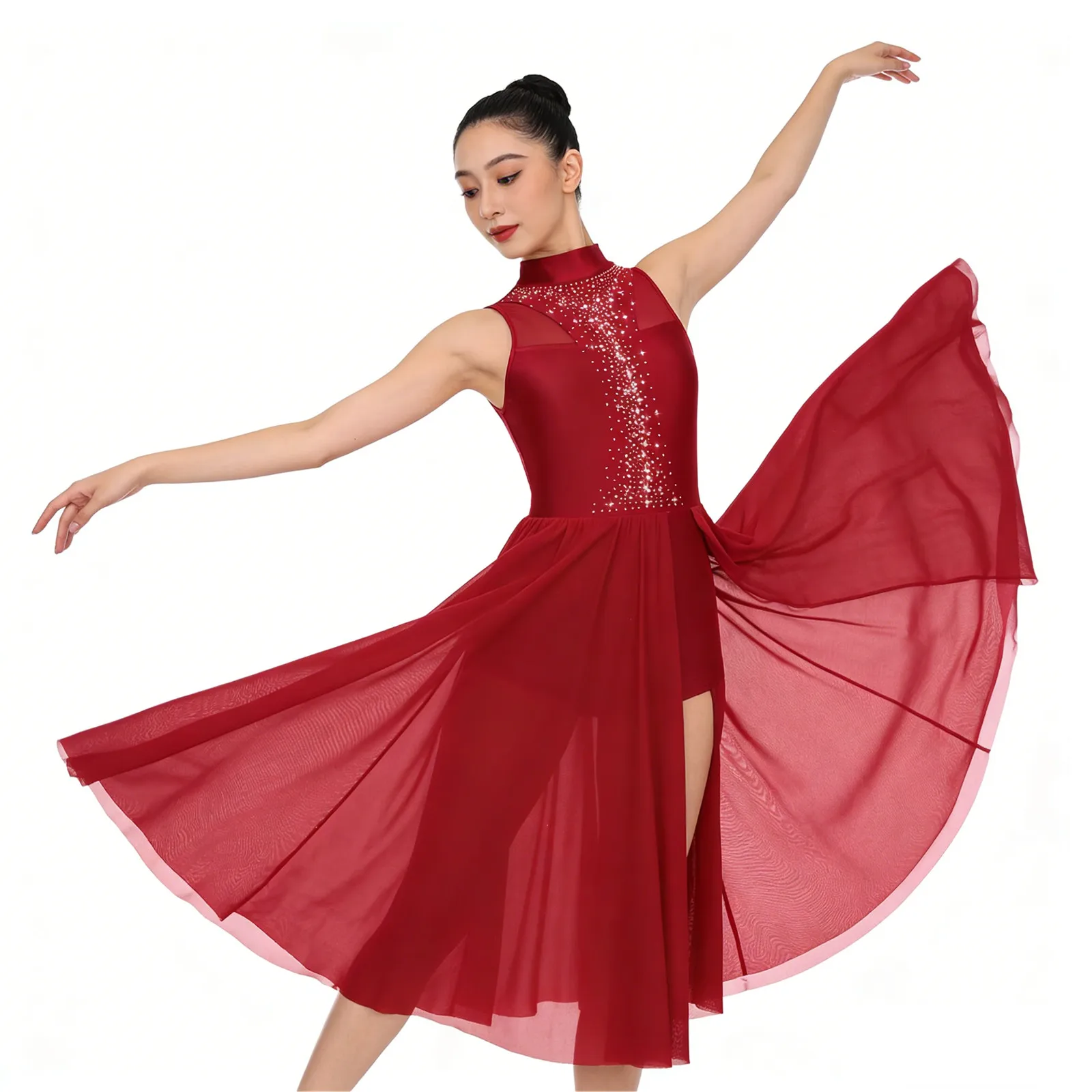 

Womens Gymnastics Ballet Lyrical Dance Costumes Sequins Halter Mesh Tulle Flowy Leotard Jumpsuit Morden Contemporary Dance Dress