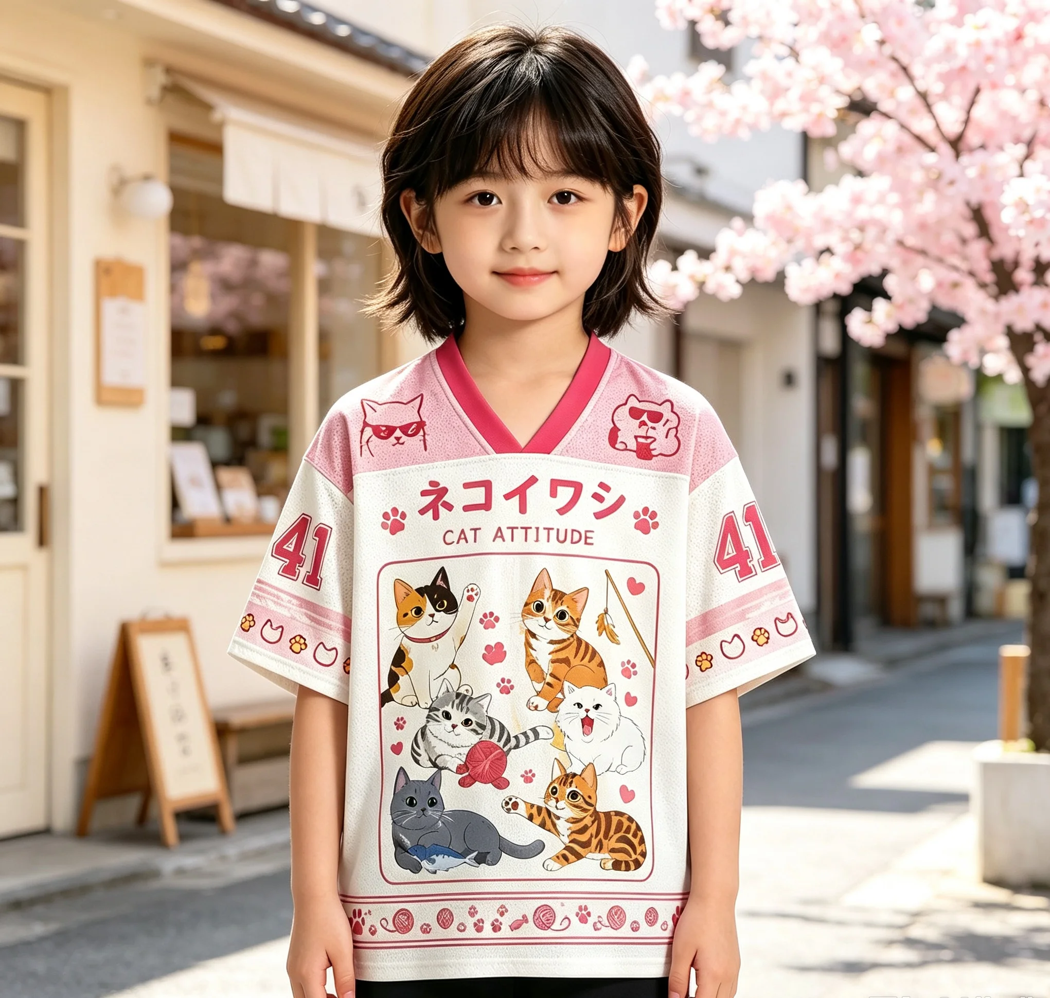 Retro Japanese Cherry‑Blossom Cat 3D Print Casual Sports V‑Neck Oversized Family Matching T‑Shirt