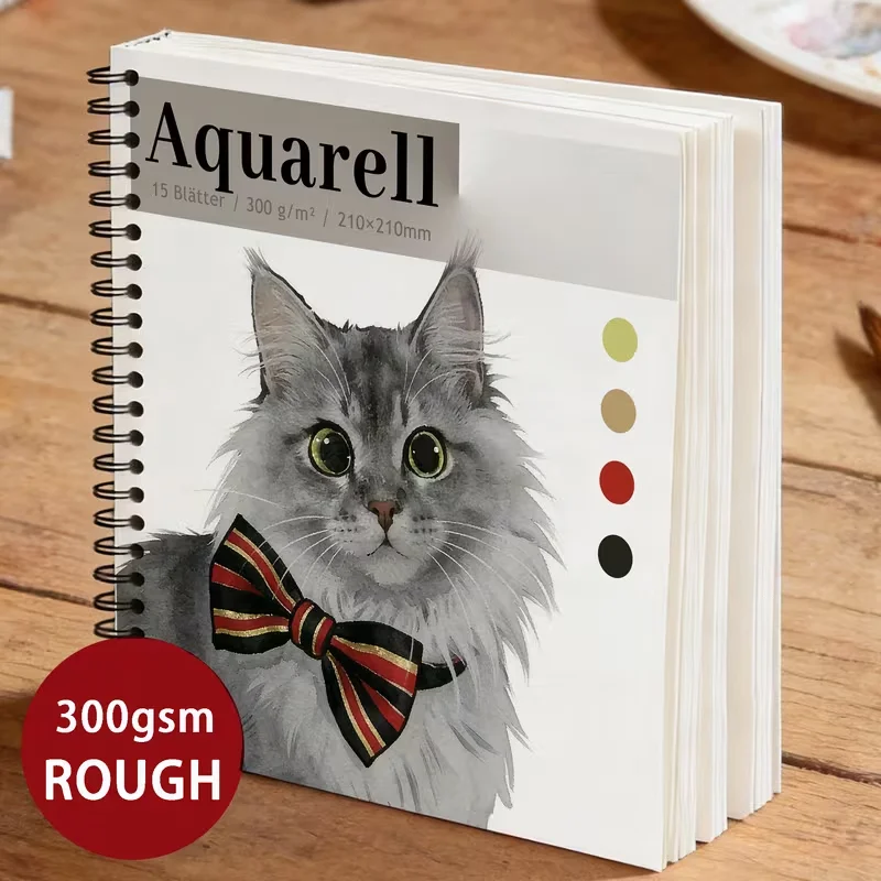 15 Sheets Watercolor Sketchbook With Cute Gray Cat Bowtie Cover | Square Spiral-Bound Art Notebook For Beginners & Hobbyists, 30