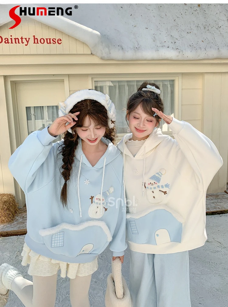 

Christmas Cute Snowman Hoodies Tops Sweet Cartoon Embroidery Versatile Casual Fleeced Hooded Sweatshirt for Women Winter 2025