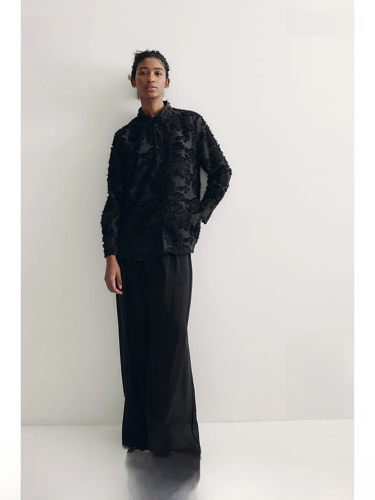 

Свободная женская блузка с длинным рукавом и воротником-стойкой, текстурированная, удобная, повседневная, из полиэстера, 100% полиэстер, H&M