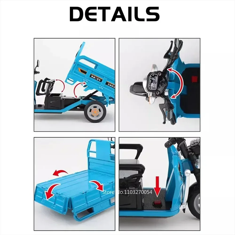 1:12 Electric Tricycle Models Car Toys Alloy Diecast Motorcycle Metal Body Rubber Tires Sound Light Pull Back Toy Gifts for Kids