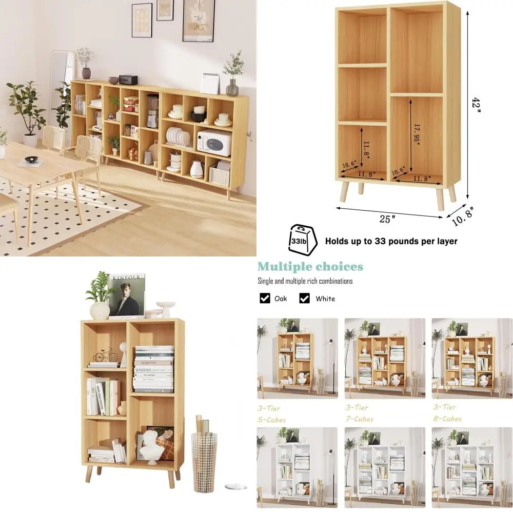 Oak 3-Tier Open Cube Bookshelf with Wooden Legs for Home Office and Storage