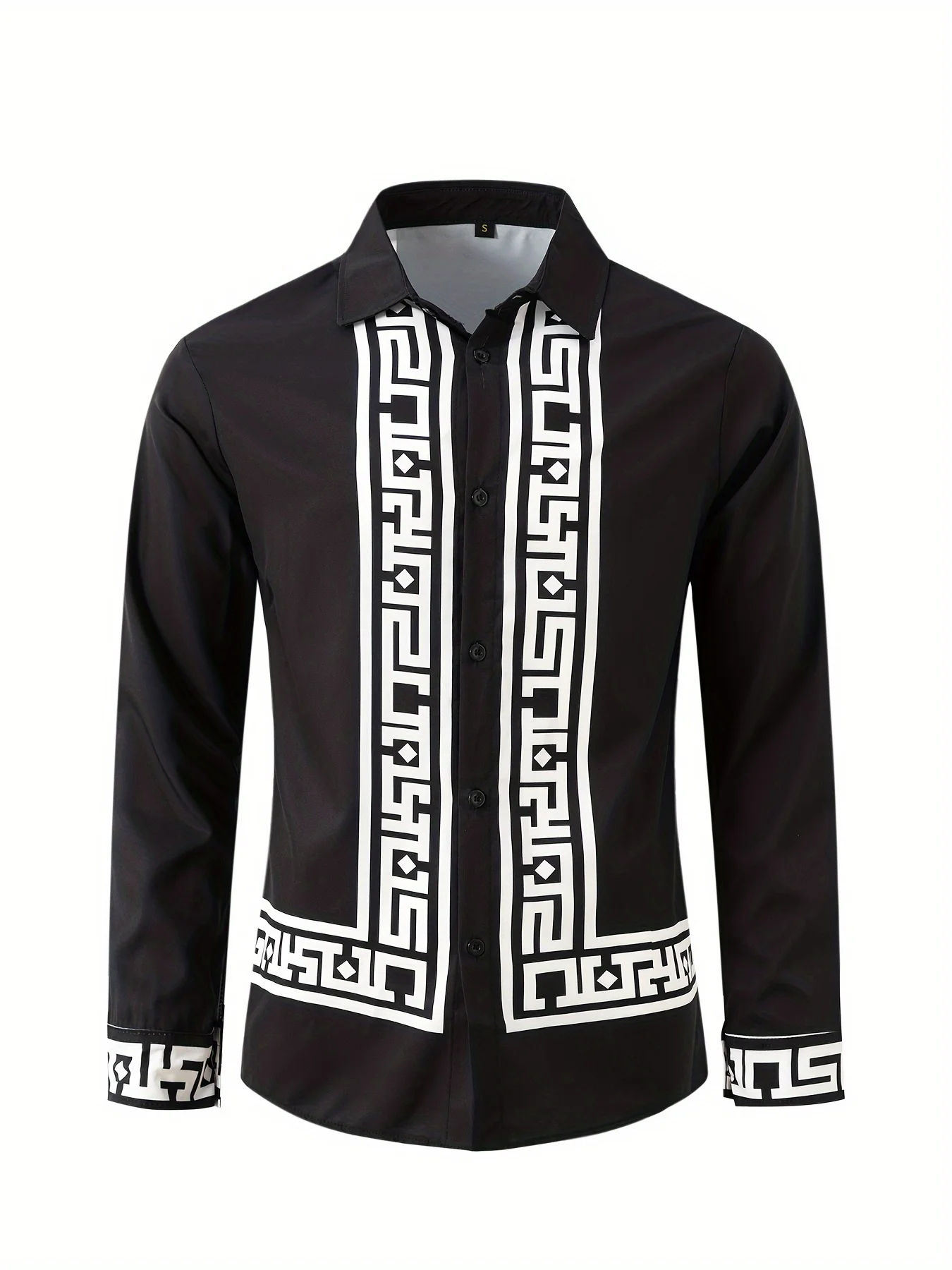 Men's retro style geometric print shirt, casual breathable lapel long sleeve shirt