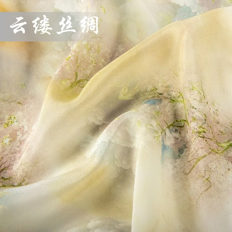 Silk double crepe printed fabric cheongsam elegant dress for women in spring and Summer