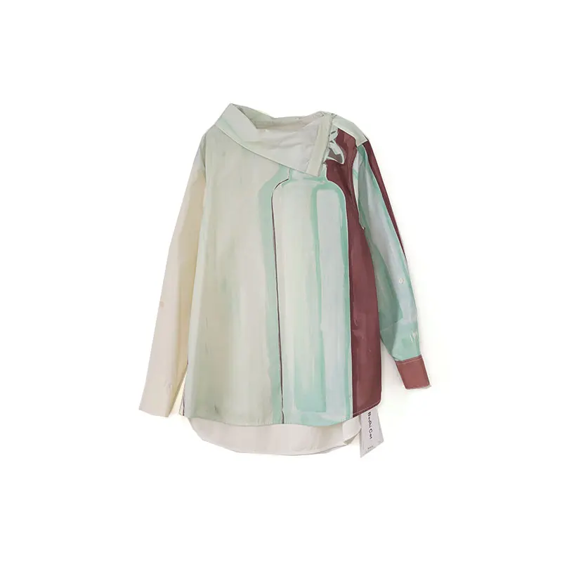 

Женская рубашка свободного кроя с отложным воротником и цветными блоками, длинный рукав, уличный стиль, модная верхняя одежда для осени