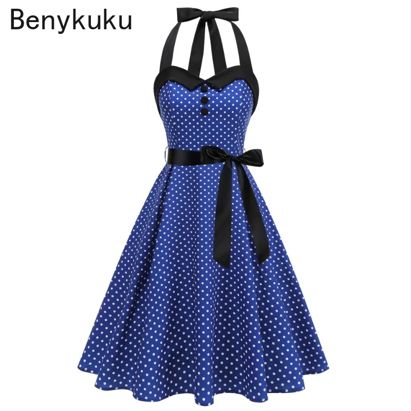 

Women Summer Party Dress with Belt 2025 Polka Dot Print Swing Halter Backless Clothes Hepburn Robe 50s 60s Vintage Dresses