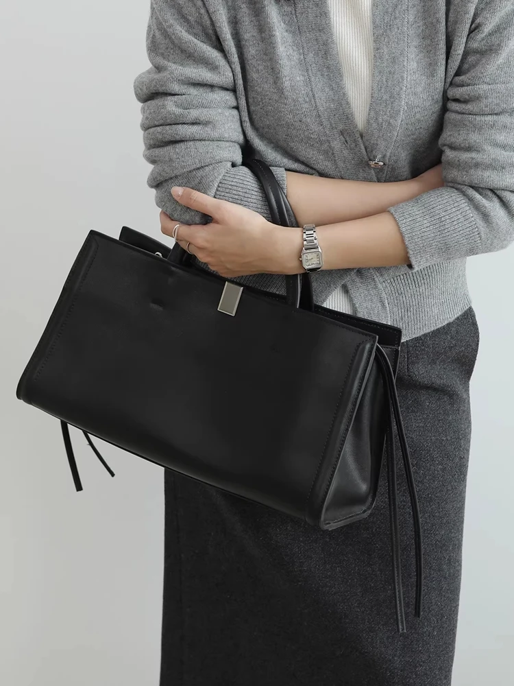 Black Fashion Retro Long Style Genuine Leather Women Tote Bag\Handbag Simple Real Leather Lady  Shoulder Crossbody Commuter Bag