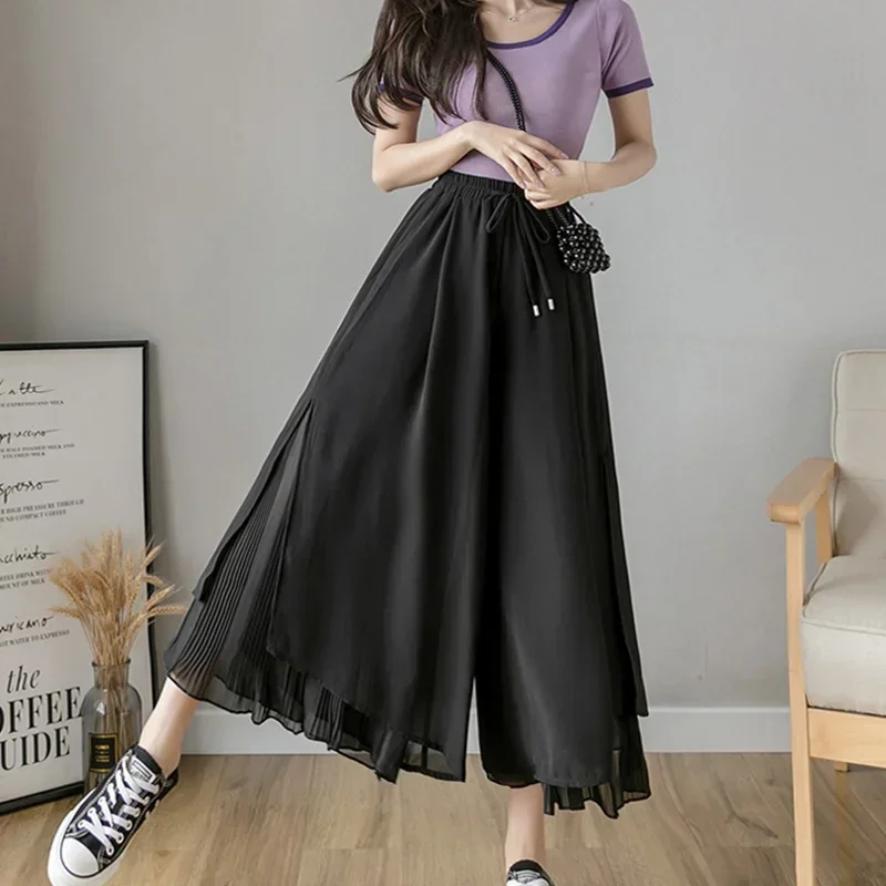 

High Waisted Wide Leg Pants for Women Chiffon Fashion Pants Korean Version Loose Cropped Pants Summer Casual Versatile A01