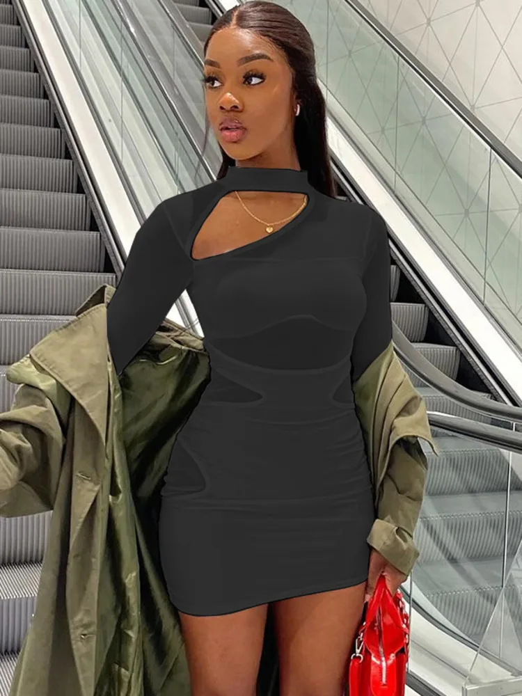 Articat elegante manga longa oco para fora vestido de cor sólida feminino sexy malha retalhos fino ajuste vestido apertado festa boate vestidos