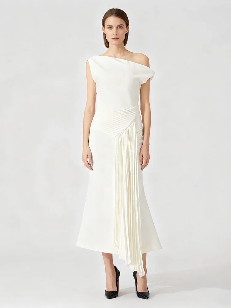 Eleganckie sukienki midi wyszczuplające dla kobiet z asymetrycznym dekoltem, odkrytymi ramionami, patchworkiem i zakładkami, odzież damska, nowość.