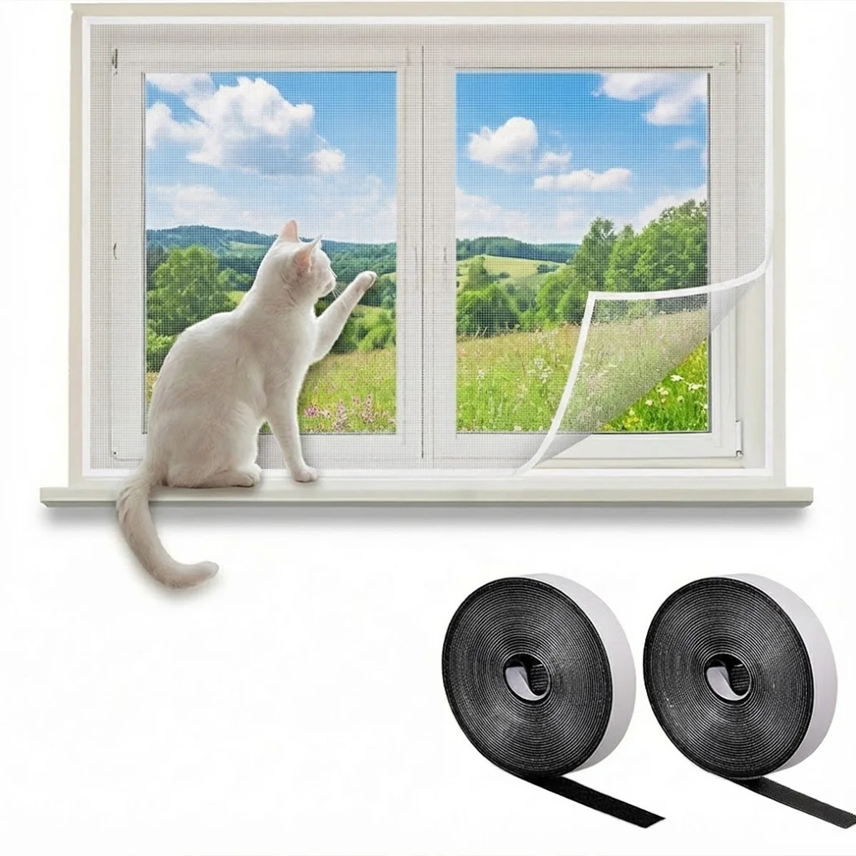 White Window Screen – Hook & Loop Installation, Removable & Washable, Mosquito & Insect Protection, No Drilling Needed