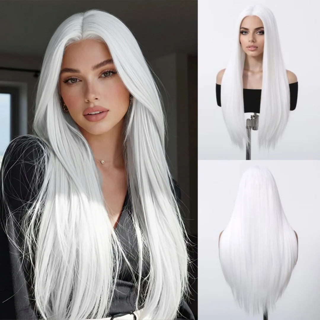 ALAN EATON White Long Synthetic Natural Straight Middle Part Wigs for Women Party Daily Cosplay Use Heat Resistant Fiber