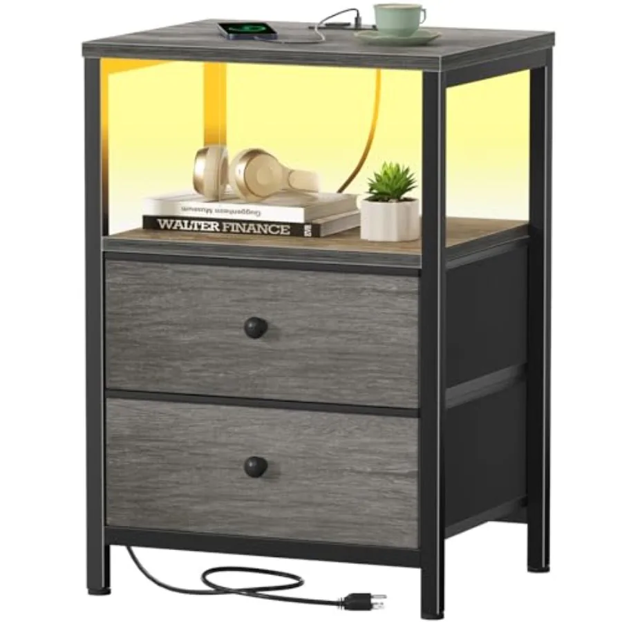 

Gray Nightstand with Charging Station, LED Night Stand with 2 Fabric Drawers, Bedside Table with USB Ports and Outlets, Nightst