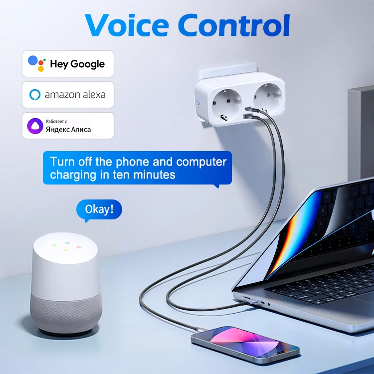 WiFi Dual Outlet 16A APP Smart Plug 4 in 1 Socket EU with Energy Metering Timer Function Works with Alexa Google Controlled