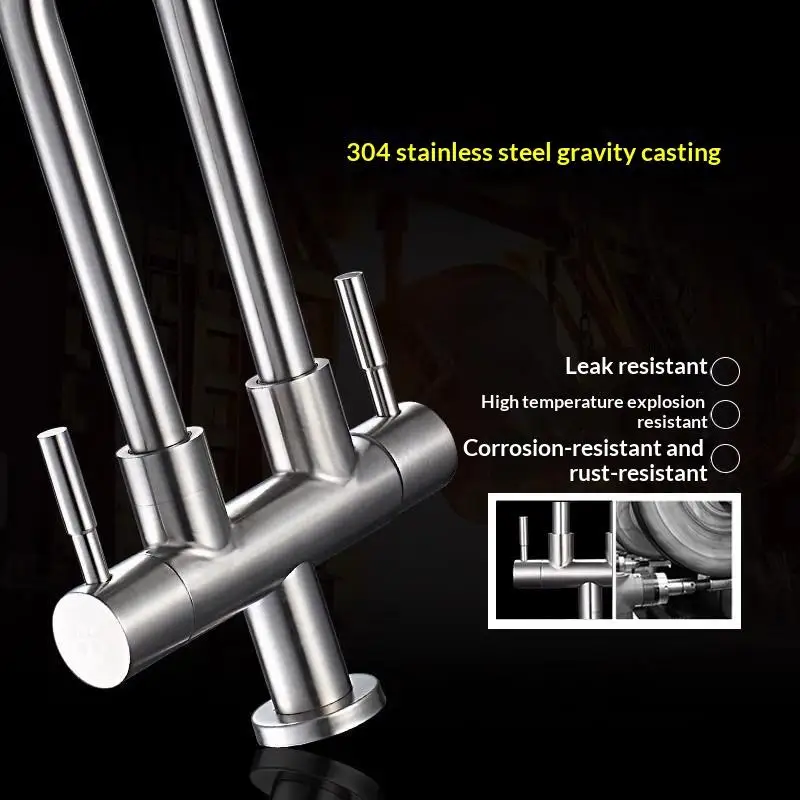 【HMA】Stainless Steel Double Head Sink Tap 2-in-1 Multifunction Pillar Mounted Tap Convenient 360° Rotate Flexible Faucet