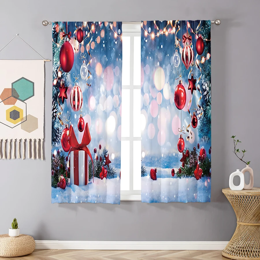 2PCS Christmas Winter Curtains, Ornament Gift Snow Scene, Digital Print, Bedroom Living Room, Rod Pocket Polyester, Home Decor