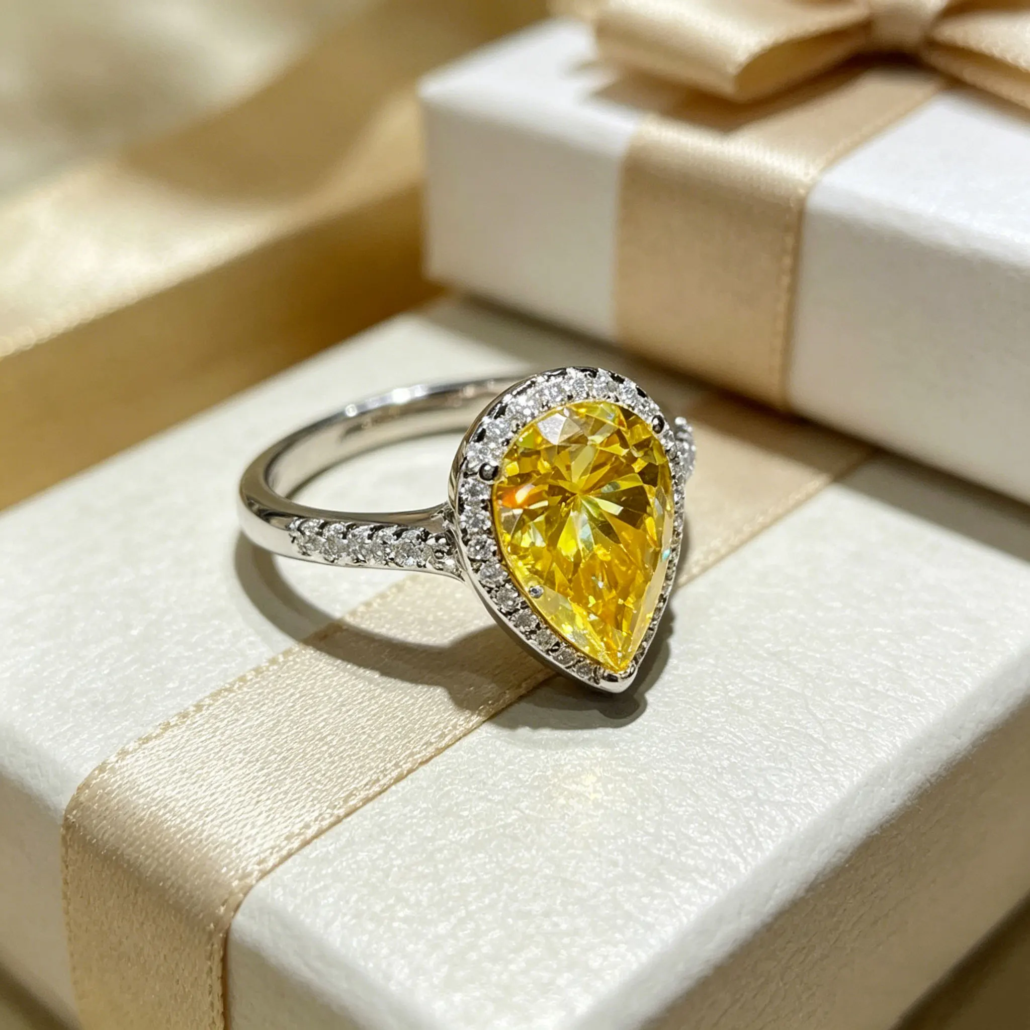 

925 sterling silver 5-carat yellow droplet moissanite women's ring pear shaped diamond ring fashion jewelry Mother's Day gift