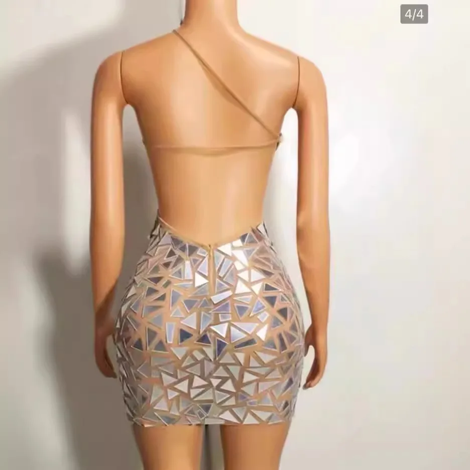 Costume da spettacolo di compleanno con paillettes scintillanti a specchio Mini abito da gala da donna sexy senza maniche Abito da cerimonia Donna Abito da ballo di lusso