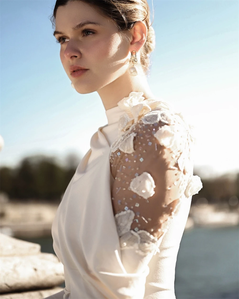 

Customized Classic beige Jersey Evening Dress Formal O-Neck Long Sleeves Celebrity Gowns Soft Mermaid Sweep Train Party Dresses