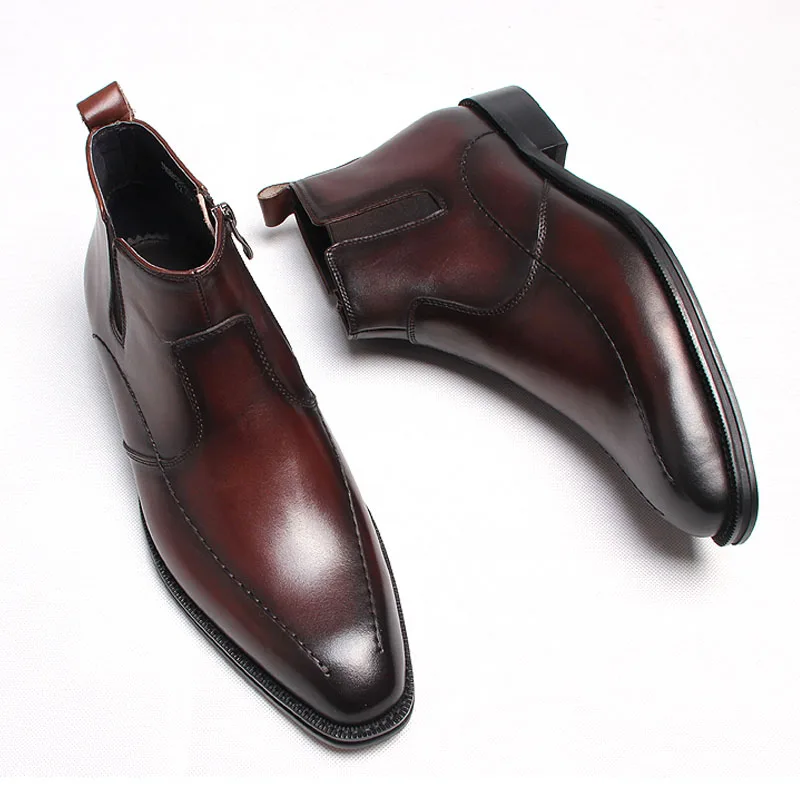 New Men Ankle Boots Shoes Genuine Leather Formal Men Burgundy Dress Boots Black Side Zipper Luxury Men Shoes Chelsea Boots