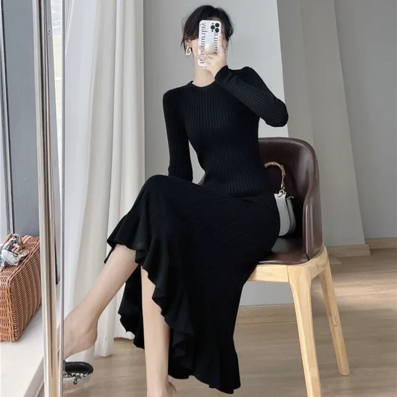 Knitting Midi Dress Women Ruffles Long Sleeve O-neck Casual Solid Vestidos De Mujer Temperament Autumn Clothing Korean Fashion