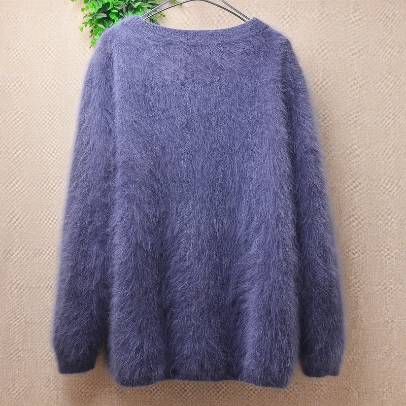 04 Female Women Fall Winter Clothing Hairy Plush Mink Cashmere Knitted O-Neck Long Sleeves Loose Pullover Angora Fur Sweater Top