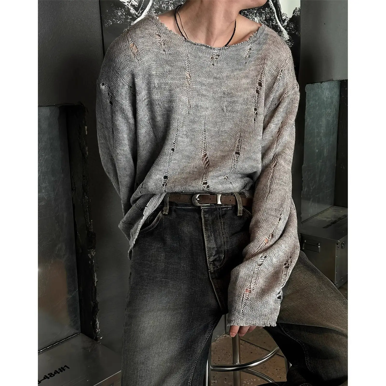 

Men's Clothing Autumn New Stretch Hollow Out Ripped Sweater Men's Long Sleeve Loose Knitted Sweater Top